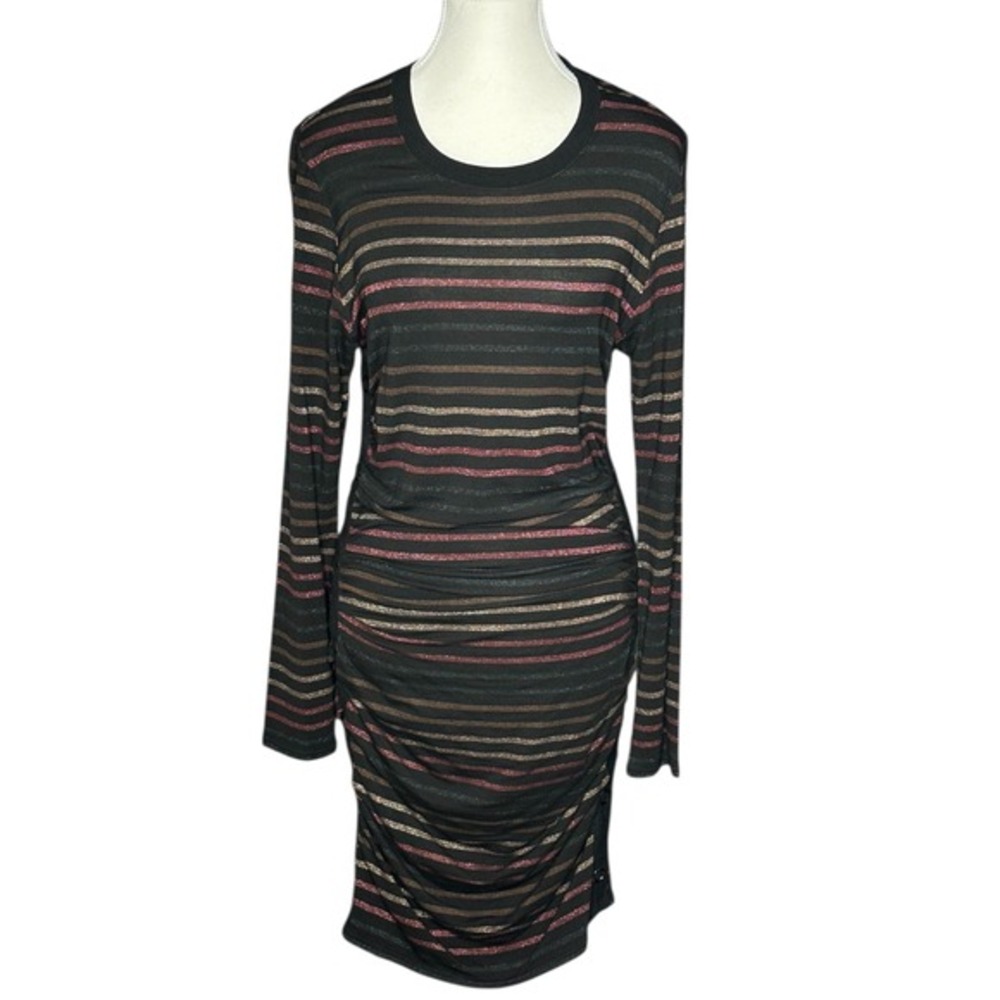 Veronica Beard Womens Black Striped Bodycon Ruched Long Sleeve Dress Medium